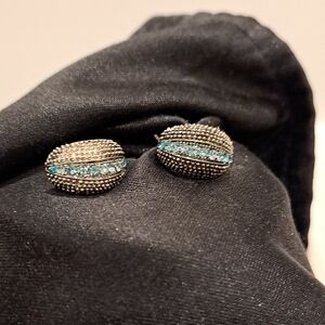 Elegant Vtg Silver Tone Hoop Pierced Earrings. Beaded Look Row Blue Stones.